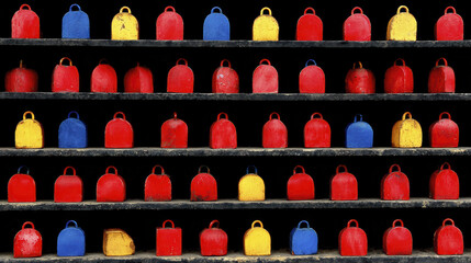 Colorful bells in red, blue, and yellow are neatly arranged on shelves creating vibrant pattern