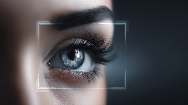 Close up of human eye with digital interface overlay symbolizes intersection of technology and cybersecurity