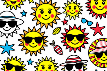 Summer Fun Seamless Pattern Featuring Smiling Suns Stars and Sunglasses-Perfect for Beach Vacation Vibes-Bright Cheerful and Playful Design