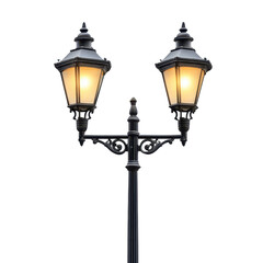 Street lamp, tall street lamp illuminating a sidewalk at dusk, isolated on transparent background