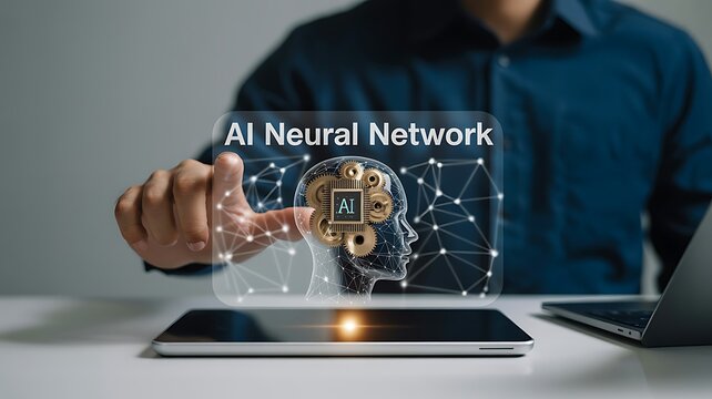 Person interacting with digital A I neural network artificial intelligence