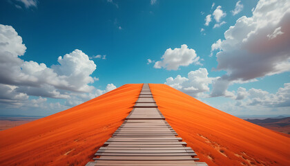 Surreal Wooden Pathway on Vibrant Orange Hill Under Blue Sky