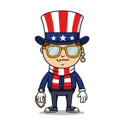Cartoon character with an American flagthemed hat gold jewelry and glasses standing