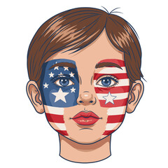 A childs face is painted with the USA flag split between stars and stripes design hair on top