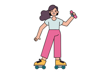 A cheerful woman with purple hair wearing pink pants and a light blue shirt rollerblades while holding a pink dumbbell