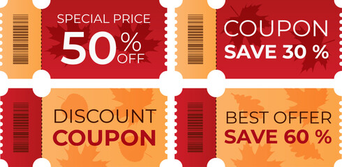 Vector set of discount coupon templates with sales and special offers for the autumn season.