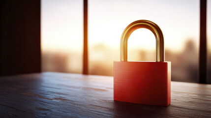 Red padlock symbolizes cybersecurity on wooden table with blurred cityscape background at sunset