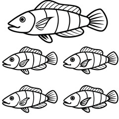 Naklejka premium Five stylized fish illustrations black and white aquatic