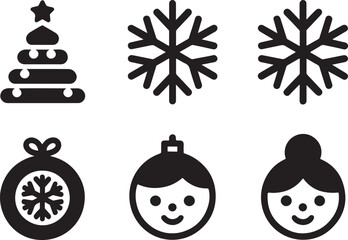 Festive Holiday Icons A Cheerful Christmas Tree, Beautiful Snowflakes, and Adorable Ornament Characters Spreading Joy and Winter Season Spirit