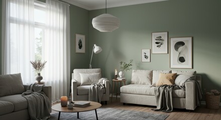 Cozy Scandinavian Living Room with Natural Light and Green Walls Featuring Comfortable Furniture and Abstract Art