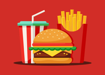 Fast Food Meal Illustration with Hamburger, Fries and Soda