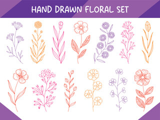 Minimalist Hand-Drawn Botanical Illustration with Colorful Floral Elements ,Elegant Flower Line Art. 