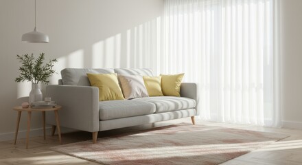 Bright and airy living room with a comfortable sofa and natural light streaming through sheer curtains