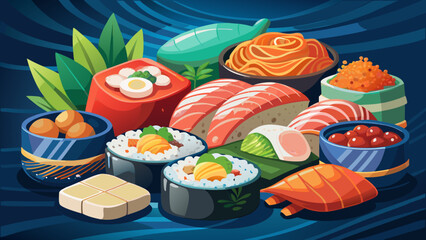 Colorful Variety of Sushi and Japanese Food