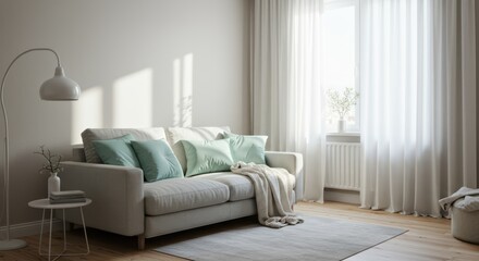 Serene Living Room With Plush Sofa And Bright Window Light Creating A Calm Ambiance