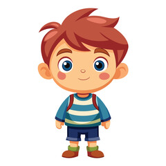 Obraz premium Cute boy with brown hair, wearing a striped shirt and shorts, and a backpack