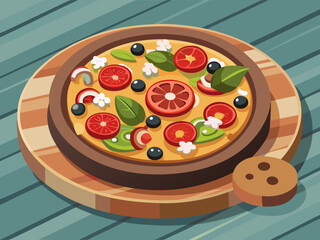 Colorful Pizza with Various Toppings on Wooden Platter