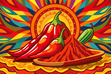 Vibrant Chili Peppers and Spices Illustration with Colorful Background