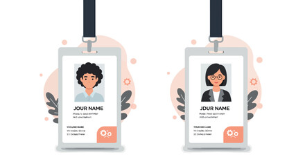 Professional identification badges with employee portraits in modern flat style