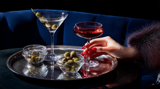 A woman's hand in a fur coat holds a cocktail glass, and next to it stands a martini glass with olives on a tray.