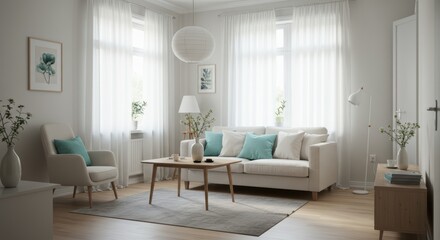 Serene Scandinavian Living Room with Natural Light and Comfortable Seating Arrangements