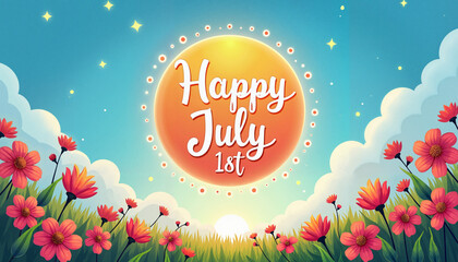 Cheerful summer design celebrating July 1st with a bright sun and colorful flowers