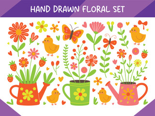 Cute Spring Garden Doodle with Flowers, Birds, and Watering Cans Colorful Hand-Drawn Vector Illustration.