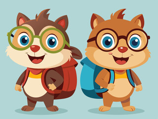 Two Cute Cartoon Chipmunks with Backpacks and Glasses