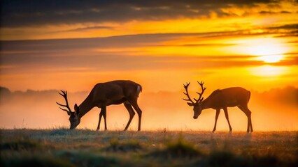Majestic stags silhouetted against a vibrant sunrise, grazing peacefully in a misty meadow