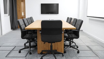 Modern boardroom with empty chairs.