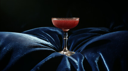 Cocktail in a martini glass standing on blue velvet fabric. Shallow depth of field.