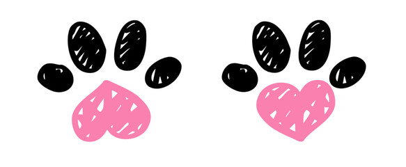 Hand drawn paw print with heart. Doodle animal love symbol