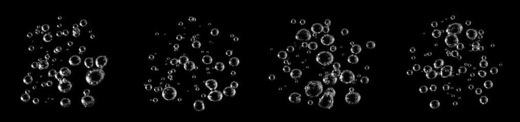 White bubbles, liquid, black background, abstract isolated, oxygen design concept, underwater,...