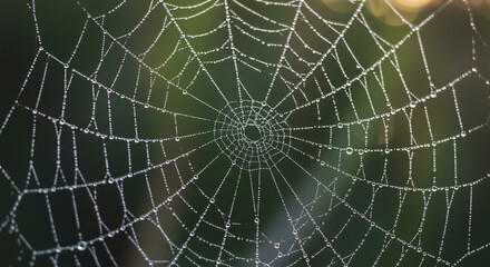Close up of an intricate circular spider web covered in dew droplets against a soft focus green nature background