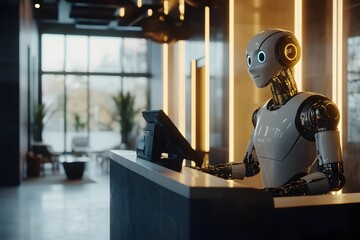 Fototapeta premium Friendly Robot Receptionist in Modern Hotel Lobby with Warm Lighting and Sleek Design