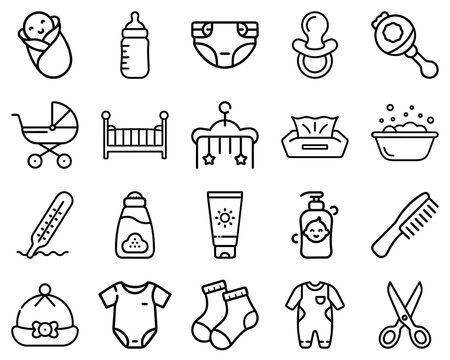 Newborn, Simple Outline Icons Set of baby essentials in minimalist style