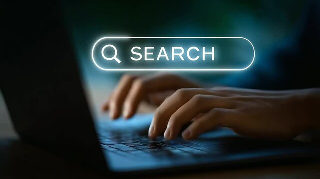 A user types on a laptop, interacting with a futuristic virtual search bar, showcasing an AI-driven search concept.