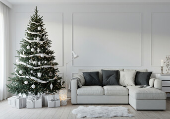 Christmas tree in cozy white living room