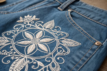 features a pair of blue denim shorts with intricate white embroidery on the front pocket area, including floral and swirl patte