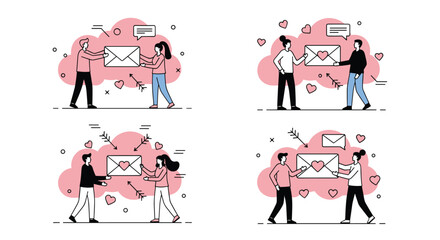 People exchanging love letters and messages with hearts and communication symbols in a friendly digital interaction concept