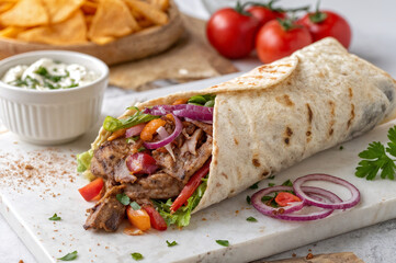 shows a grilled burrito on a marble cutting board. The burrito is filled with shredded meat, lettuce, tomatoes, cucumbers, red onions, and a creamy dip in a small bowl to the side. The burrito is garn