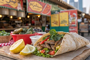 shows a plate with a filled wrap topped with vegetables and herbs, next to a bowl of chips, all set against the backdrop of a vibrant outdoor food market with colorful banners and lights.