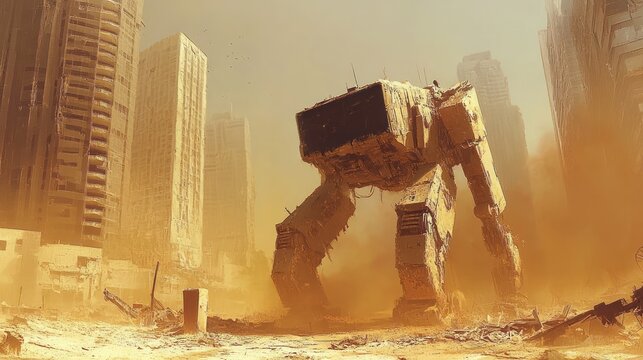 Desolate city, colossal robot