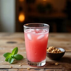  Refreshing Pink Fruit Drink with Ice and Nuts on Wooden Table
