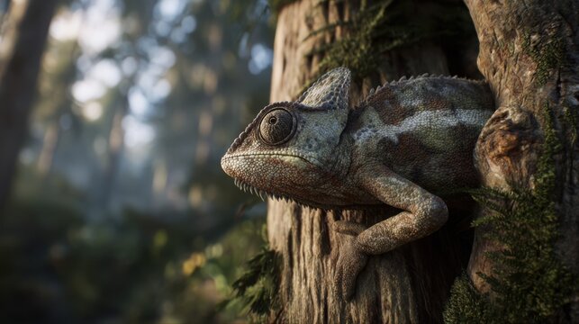 Realistic, high-definition cinematic view: A chameleon blending seamlessly on a tree trunk. Vast, softly blurred forest landscape behind. Eye-level perspective, sharp details. - Powered by Adobe