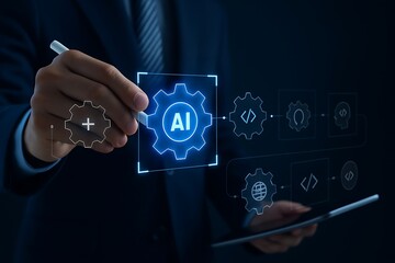 Businessman Configuring AI System:  Digital Gear, Coding, Global Network, Futuristic Interface
