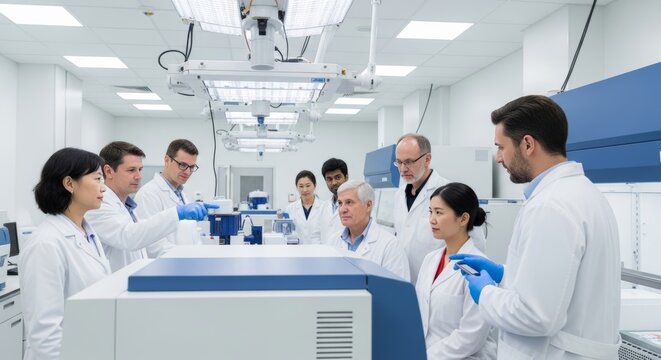Group of doctors and lab technicians in white coats discussing results in state-of-the-art medical research facility with blue laboratory equipment. - Powered by Adobe