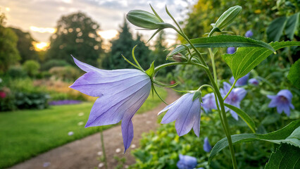 depicts a beautiful garden scene with a focus on a purple balloon flower in the foreground. The background features a pathway, greenery, and a sunset or sunrise setting, creating a serene and pictures