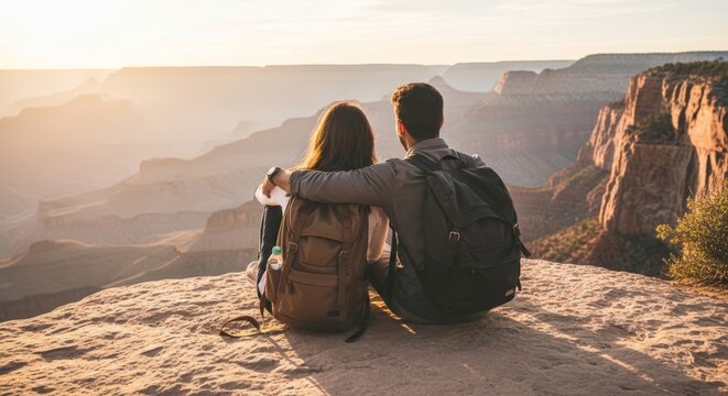 Young couple with backpacks sitting on cliff edge overlooking canyon at sunset, embracing while enjoying panoramic mountain view during hiking adventure