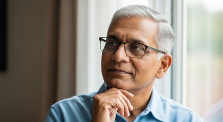 Thoughtful senior man with glasses looking out window. Elderly gentleman in contemplative mood with natural light. Retirement and wisdom concept.